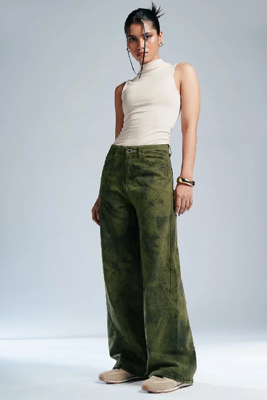 Galactic Olive Panelled Straight Fit Jeans Stylish Slim Fit Denim