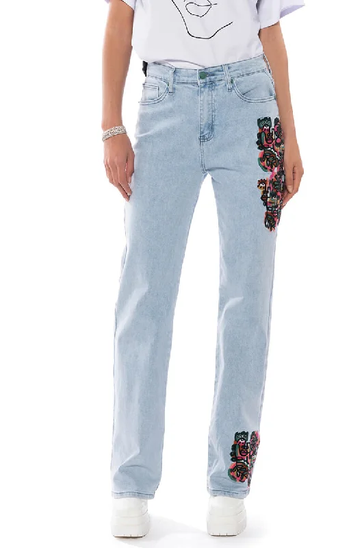 HIDDEN FACES EMBROIDERY DETAILED STRAIGHT LEG JEANS Comfortable Straight-Legged Denim