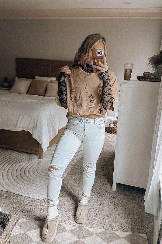 High Rise Jersey Crop Jeans - Destructed Light Fashionable Mom Jeans