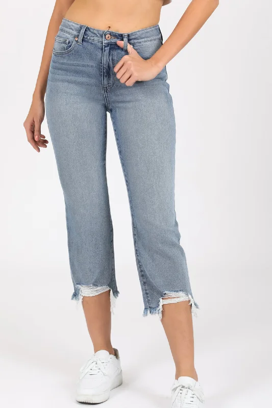 High Rise Kick Bell Crop Jeans - Nicked Grey Skies Stylish Stone-Wash Denim Jeans