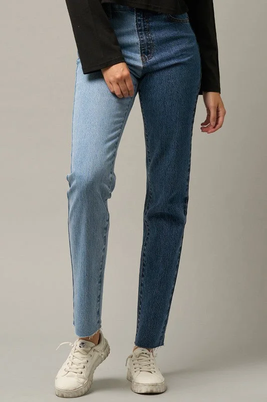 High Waist Two Tone Raw Hem Straight Jeans Classic Button Fly Jeans