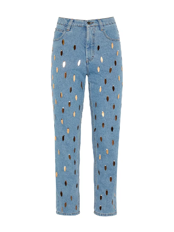 High Waisted Organic & Recycled Rose Tea Sequin Jeans Chic Ripped Jeans