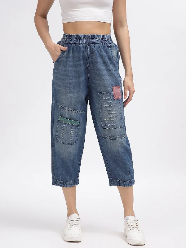 Iconic Women Blue Solid Relaxed Fit Jeans Comfortable Distressed Straight-Leg Jeans