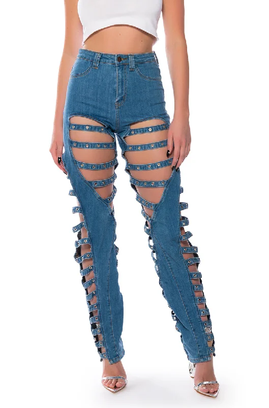 IN LOVE WITH THE DEVIL CUT OUT DETAILED JEANS Cozy Wide-Legged Jeans