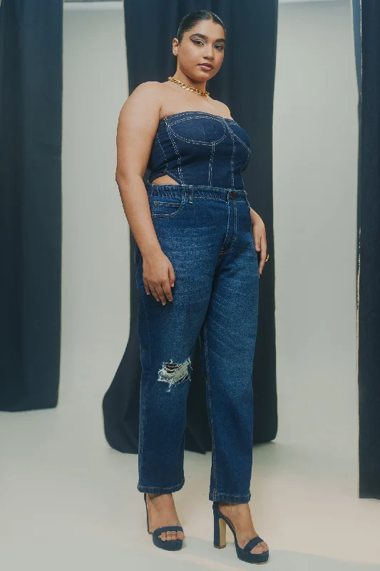 Indigo Elasticated Distress Mom Jeans Fashionable Distressed Jeans