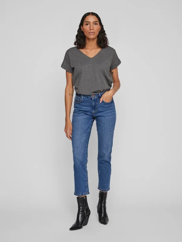 VIALICE Jeans - Medium Blue Denim Chic Rolled Cuff Denim Jeans