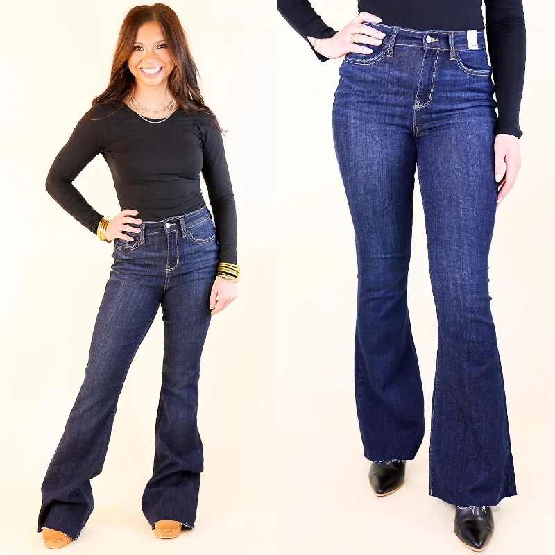 Judy Blue | Good Plot Raw Hem Flare Jeans in Dark Wash Fashionable Distressed Jeans