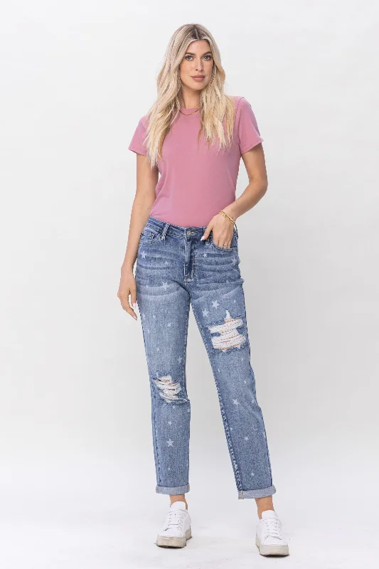 JUDY BLUE Star Crossed Destroy & Roll Cuff Boyfriend Denim Jeans Trendy Skinny Fit Jeans