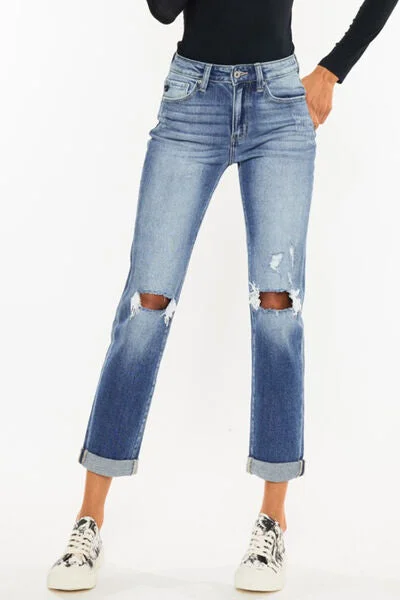 Kancan High Waist Distressed Hem Detail Cropped Straight Jeans Stylish Bootcut Denim Jeans