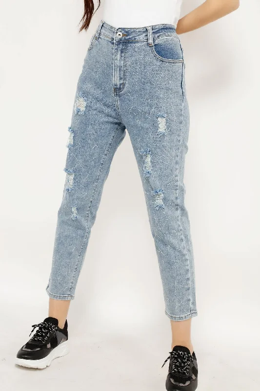 LADIES RIPPED JEANS WITH LITTLE STARS JG1006 Comfortable Mid-Rise Jeans