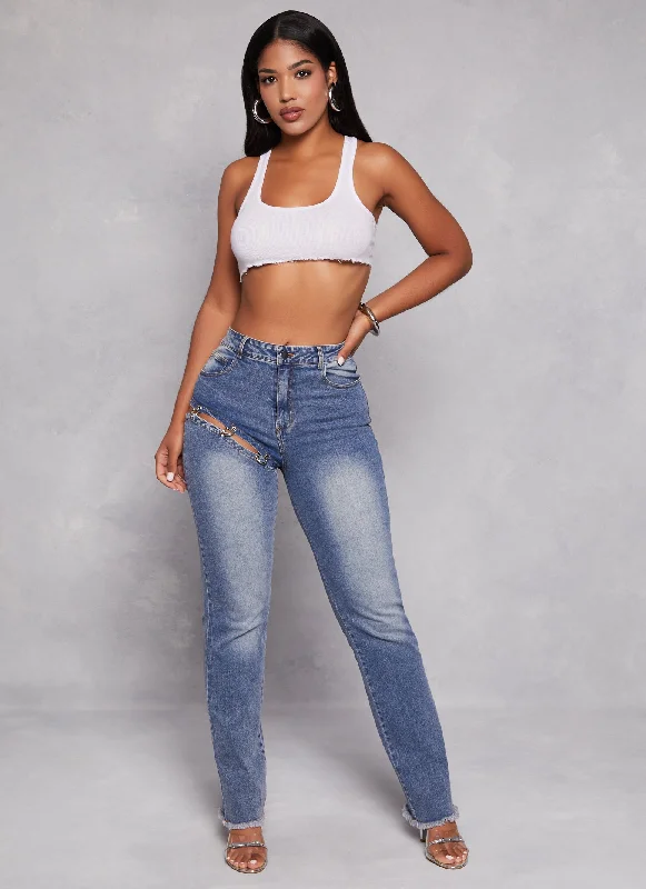 Cut Out Ring Detail Straight Leg Jeans Comfortable Flare Leg Jeans