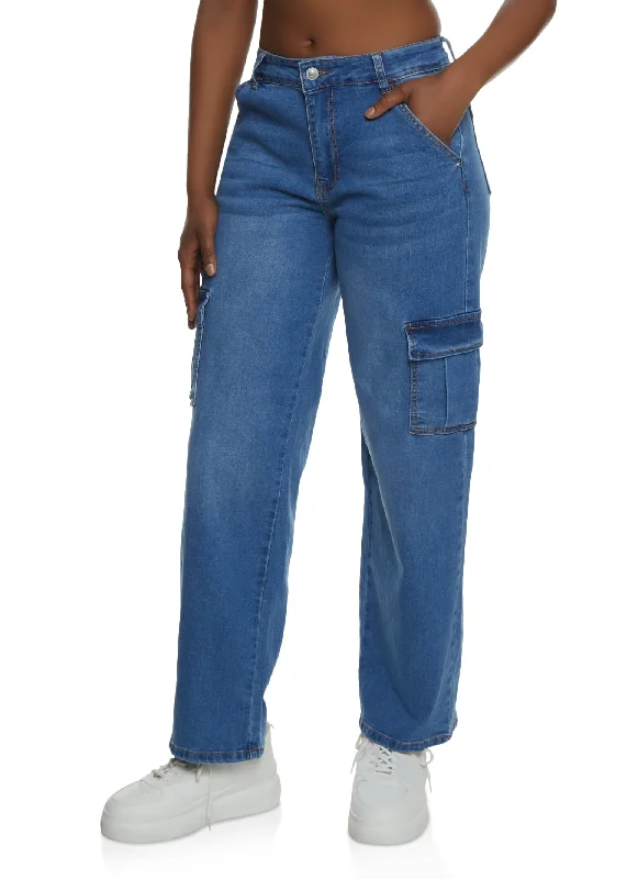 WAX Whiskered Straight Leg Cargo Jeans Trendy Wide-Legged High-Waist Jeans