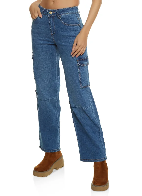 WAX Wide Leg Flap Pocket Cargo Jeans Fashionable Relaxed Fit Denim