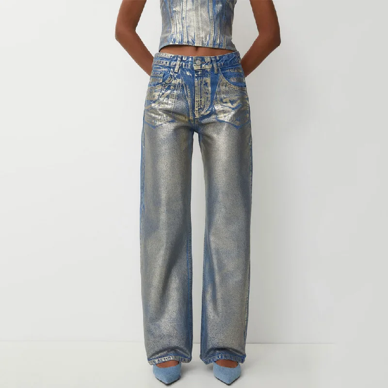 Metallic Foil Ombre High Waist Pocket Wide Leg Baggy Boyfriend Jeans Fashionable Raw Edge Jeans