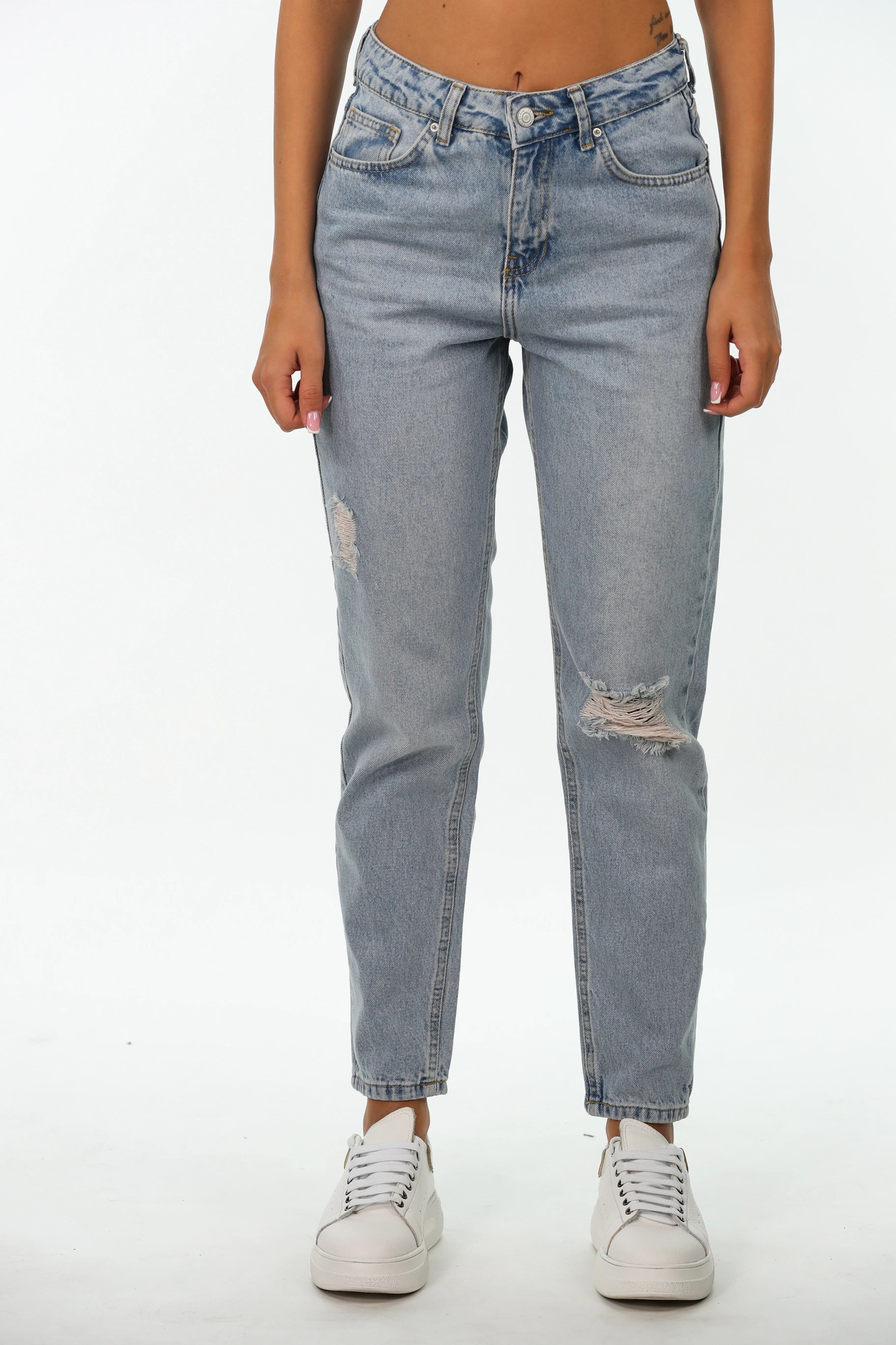 Mom Fit Light Blue Knee Ripped Jeans Comfortable Boyfriend Jeans