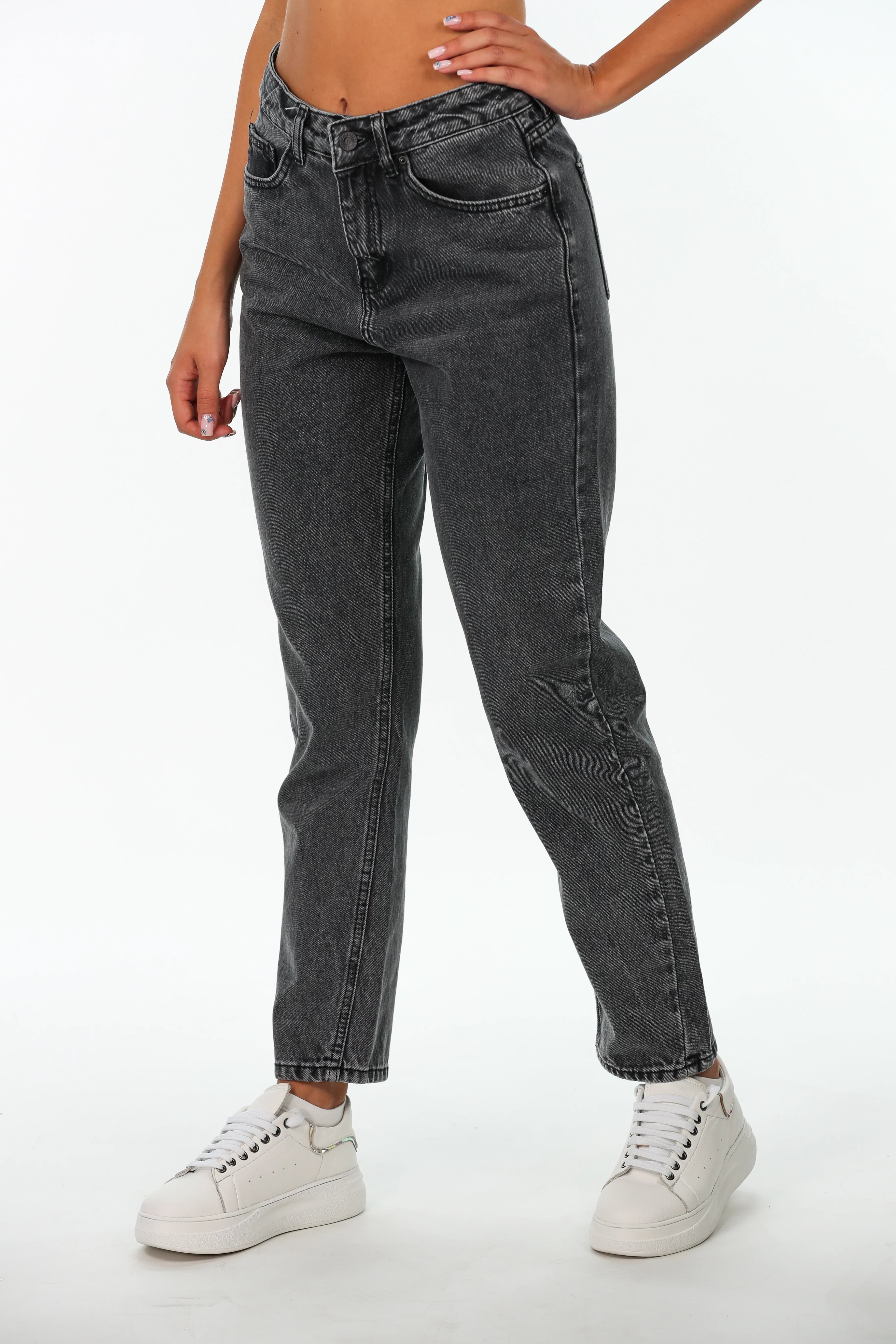Grey Mom Fit Simple Jeans Comfortable Dark Wash Jeans