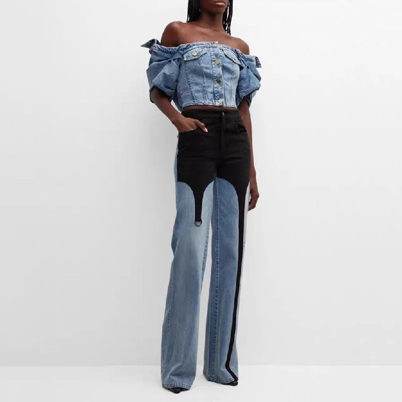 Offbeat Contrast Distressed Mid Waist Wide Leg Garter Hybrid Denim Jeans Comfortable Distressed Straight-Leg Jeans