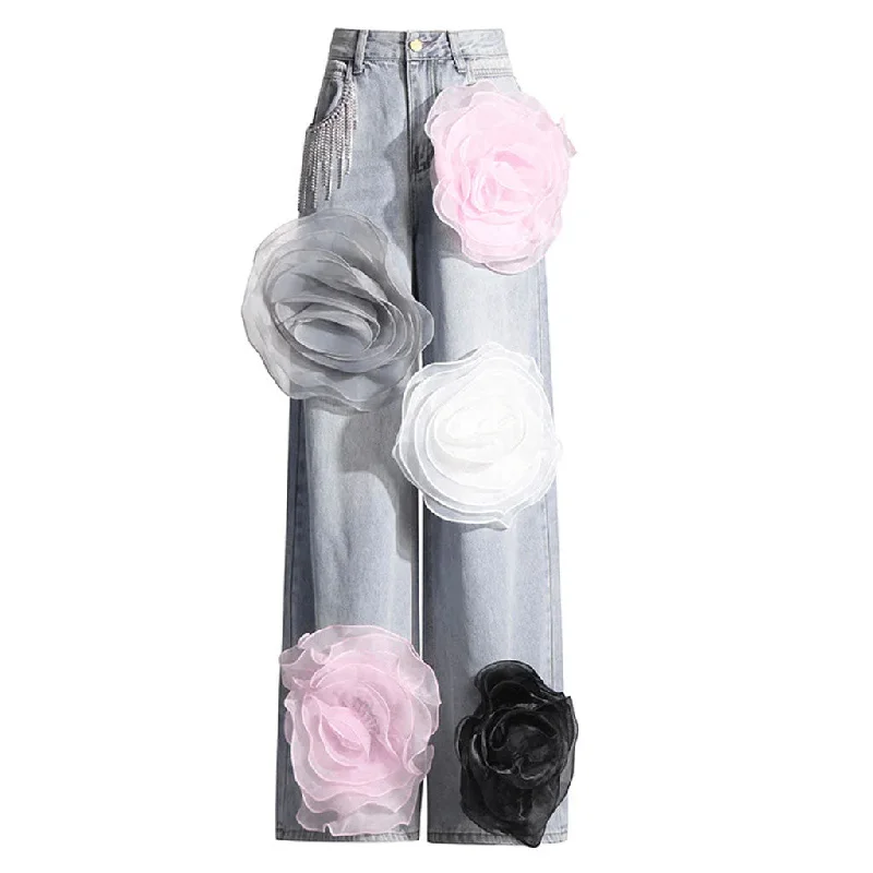 Offbeat Crystal Fringe Mid Rise Wide Leg Multicolored Rosette Denim Jeans Trendy Skinny High-Waist Jeans