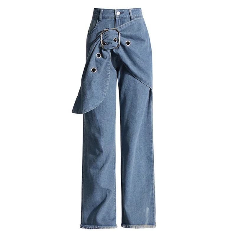 Offbeat High Waist Big Buckle Belt Grommet Frayed Wide Leg Denim Jeans Trendy Acid Wash Skinny Jeans