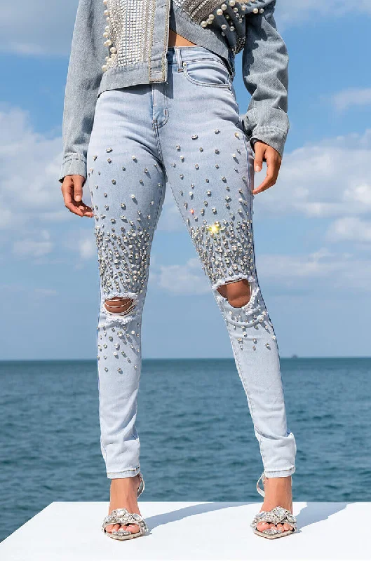 OUTTA THIS WORLD DISTRESSED RHINESTONE HIGH RISE SKINNY JEANS Elegant High-Waisted Flared Jeans