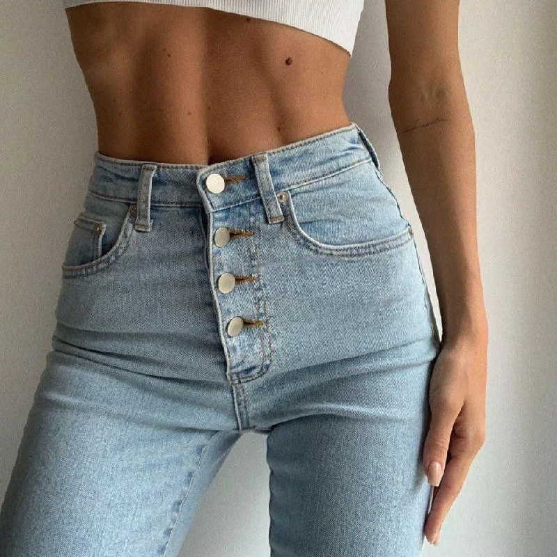 Pandora Casual High Waist Jeans Fashionable Frayed Hem Denim