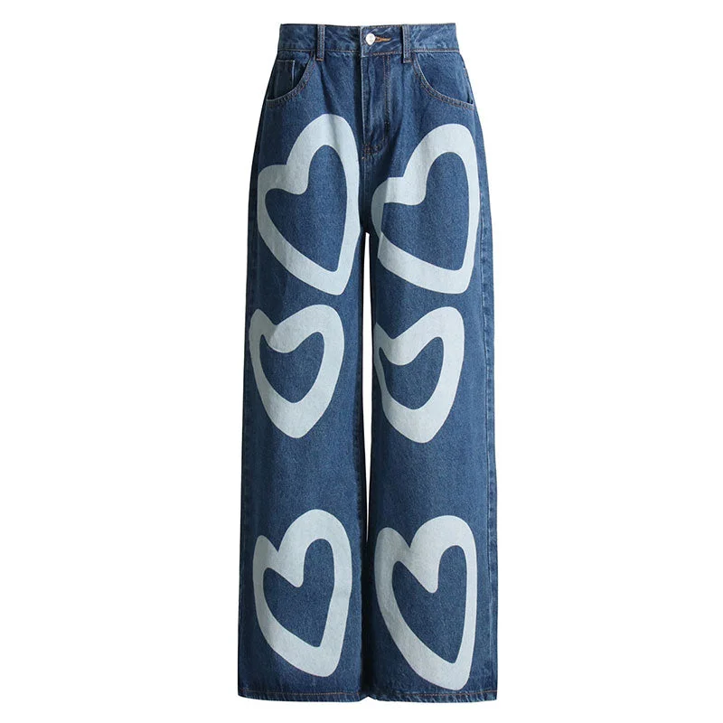 Playful Contrast Heart Print Straight Leg High Waist Denim Boyfriend Jeans Casual Bootcut Ripped Jeans