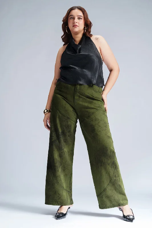 Stardust Olive Curve Panelled Straight Fit Jeans Elegant Tapered Leg Denim