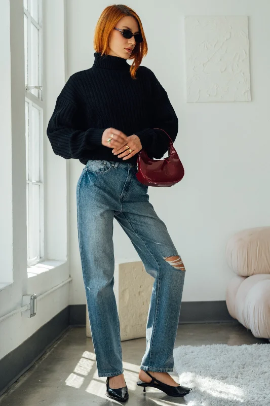 Stella High Rise 90's Sraight Jeans - Vintage Dark Blue Comfortable Folded Hem Jeans