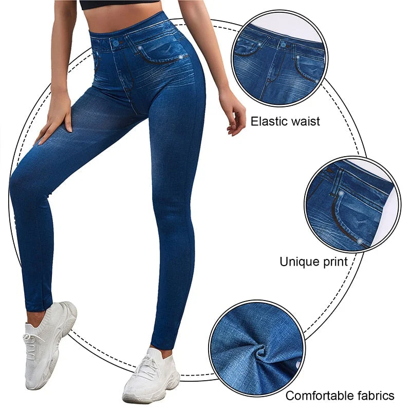 Stretch Well Fitness Fake Pockets High Waist Leggings Faux Denim Jeans Sexy Elastic Jeggings Soft Casual Thin Pencil Pants Fashionable Relaxed Fit Denim