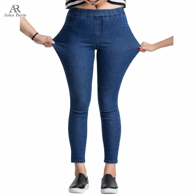 Women Jeans Plus Size Casual high  waist summer Autumn Pant Slim Stretch Cotton Denim Trousers for woman Blue black 4xl 5xl 6xl Comfortable Low-Rise Jeans