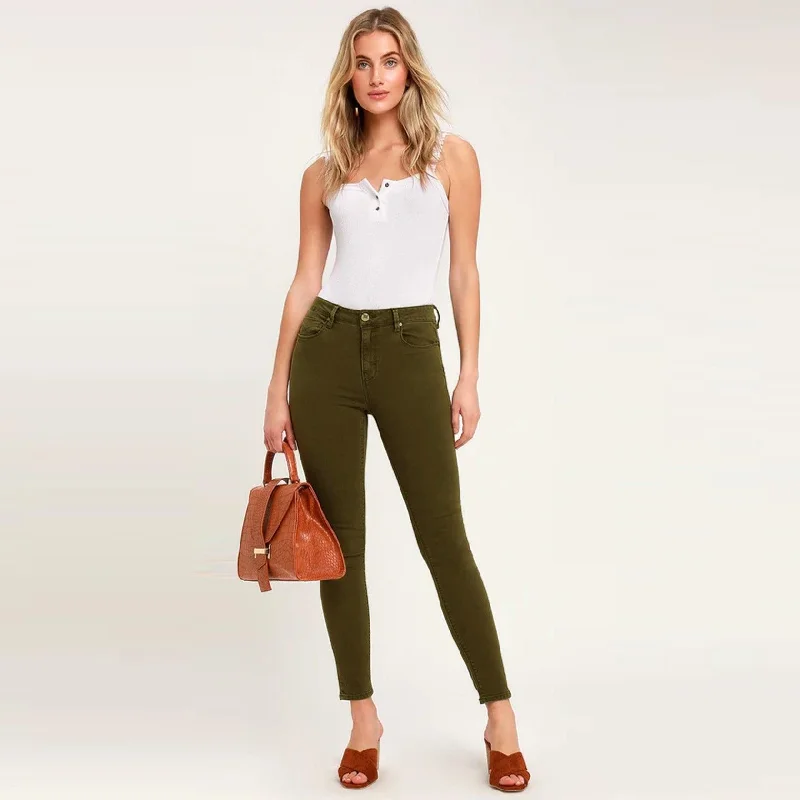 Women olive 'super skinny' stretch jeans (LE-2119) Elegant Raw Hem Jeans