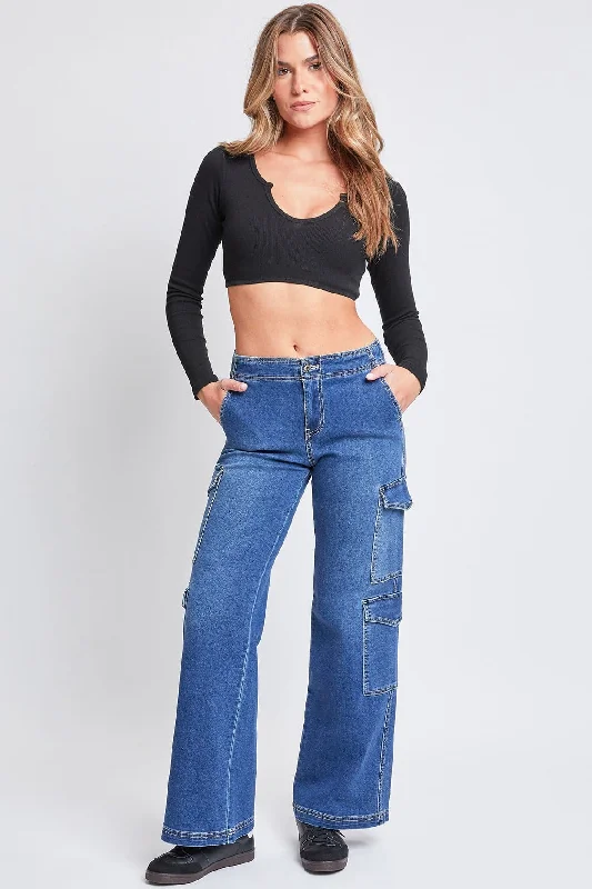 Women’s Wide Leg Double Cargo Jeans Comfortable Zip-Up Skinny Jeans