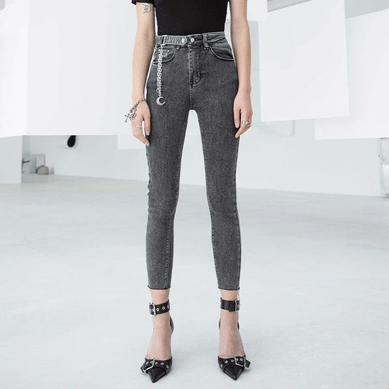 Women's Grunge Ripped Grey Skinny Jeans with Moon Chain Comfortable Drawstring Waist Jeans