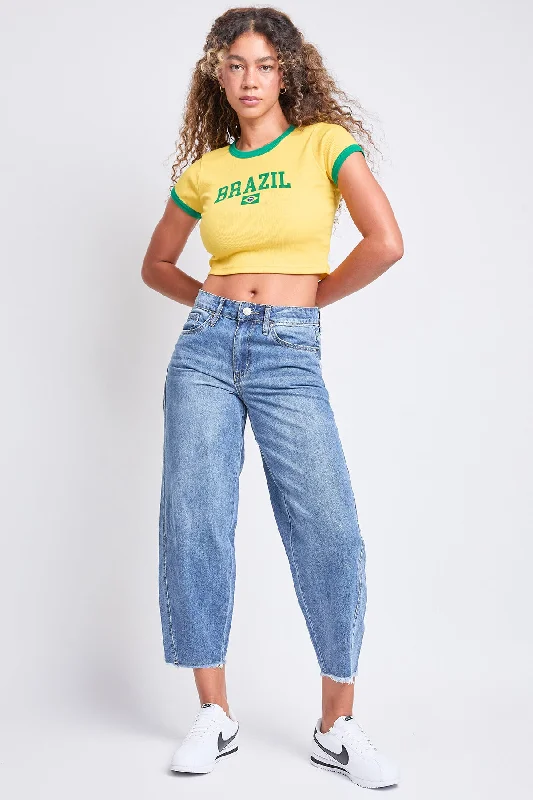 Women's Baggy Cropped Frayed Barrel Jeans Trendy Low-Rise Slim Jeans
