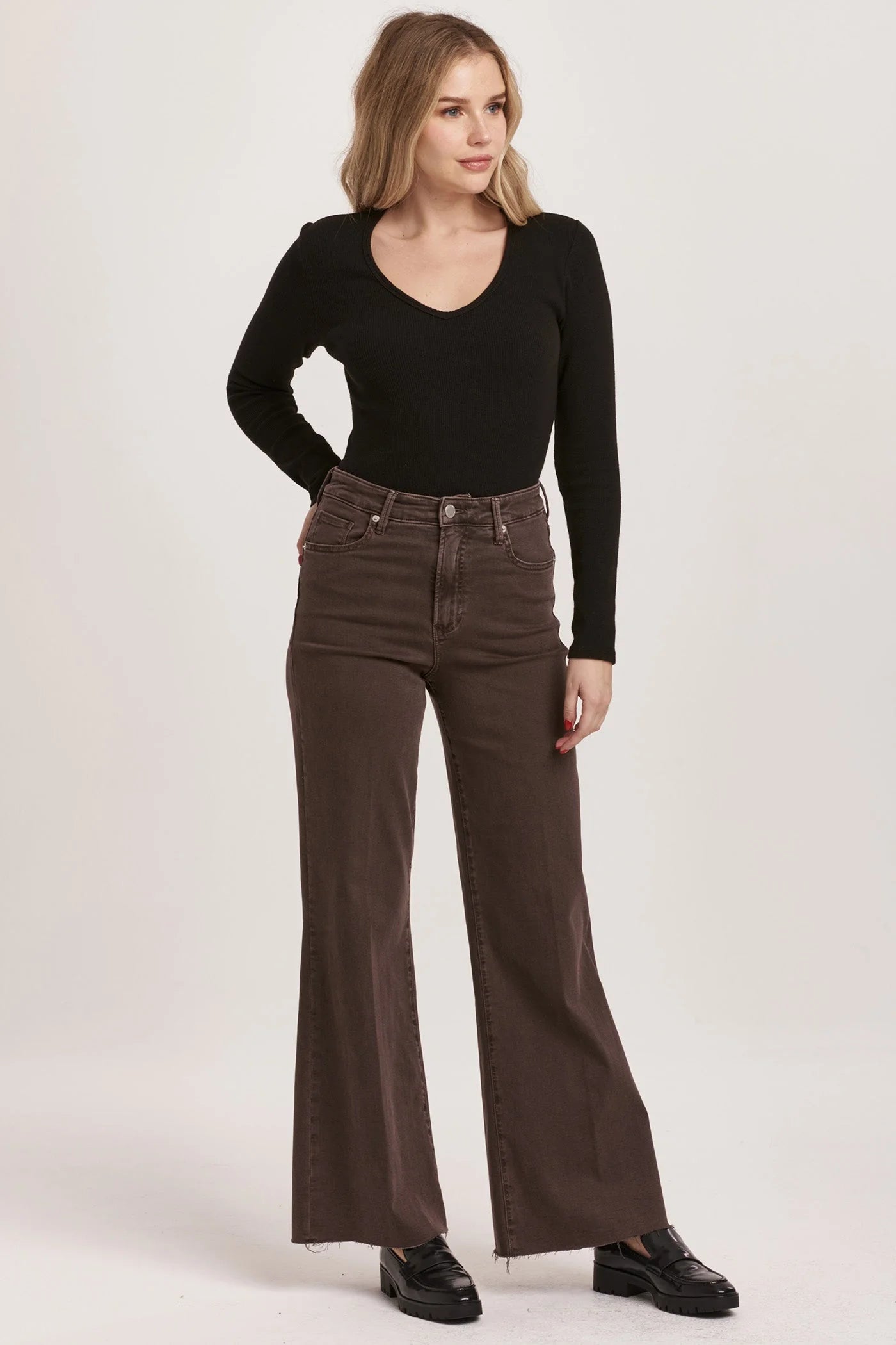 Dear John Denim Fiona High Rise Wide Leg Jeans Mocha Brown Stylish High-Waist Skinny Denim