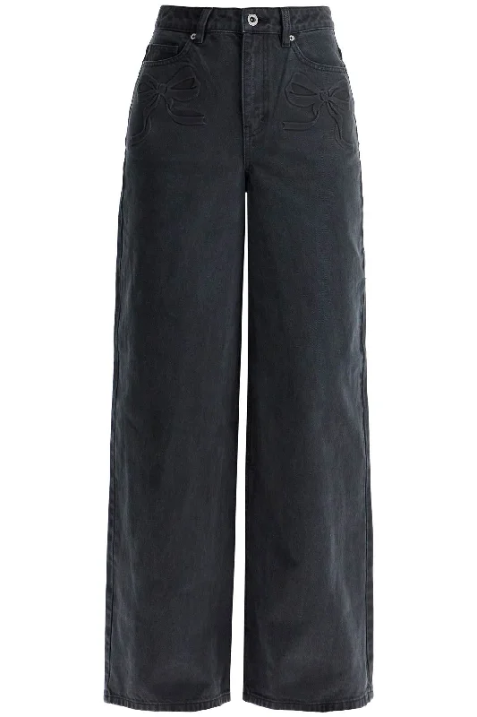 Straight Jeans With Bows  - Black Chic Rolled Cuff Denim Jeans