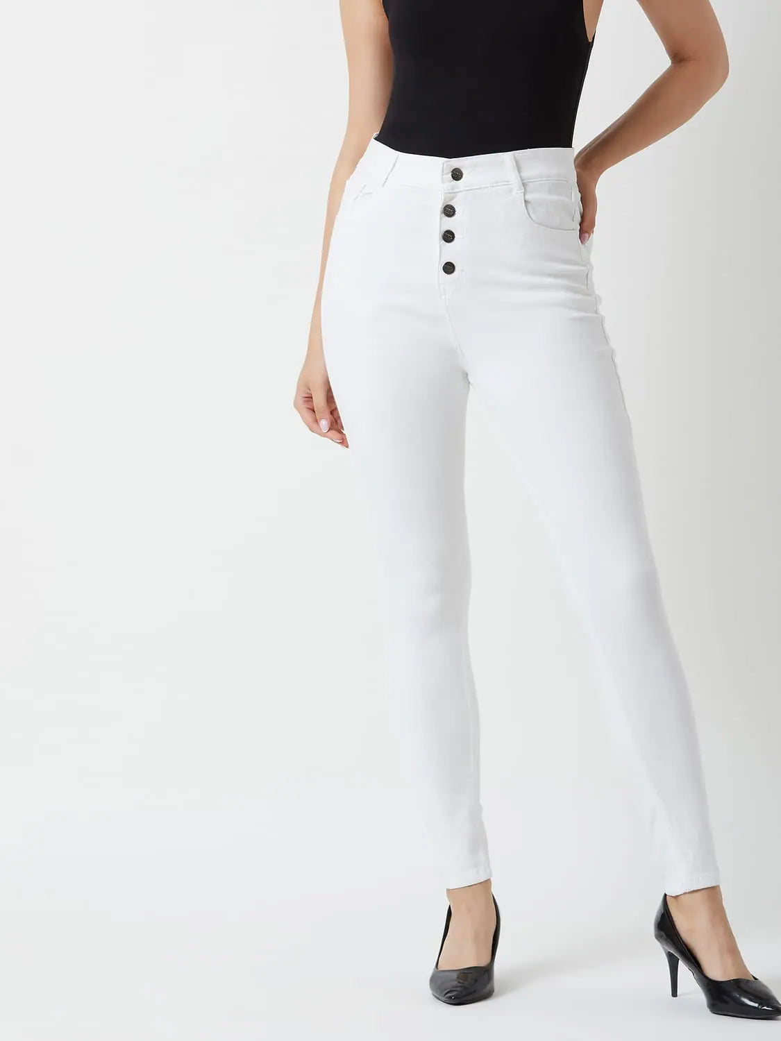 Cotton Self Love Club White Jeans White Trendy Button-Up High-Waist Jeans