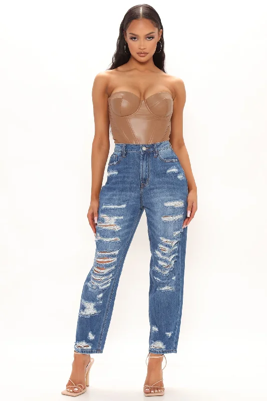 After Party High Waist Destroyed Mom Jeans - Dark Wash Chic Ripped Jeans