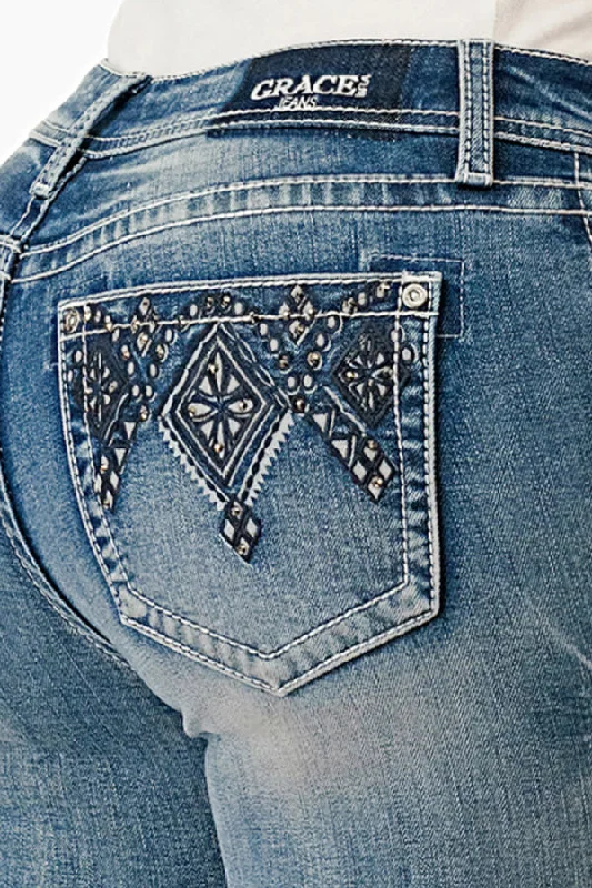 Aztec Embellished Mid-Rise Bootcut Embellished Rhinestone Jeans Comfortable Ankle Jeans