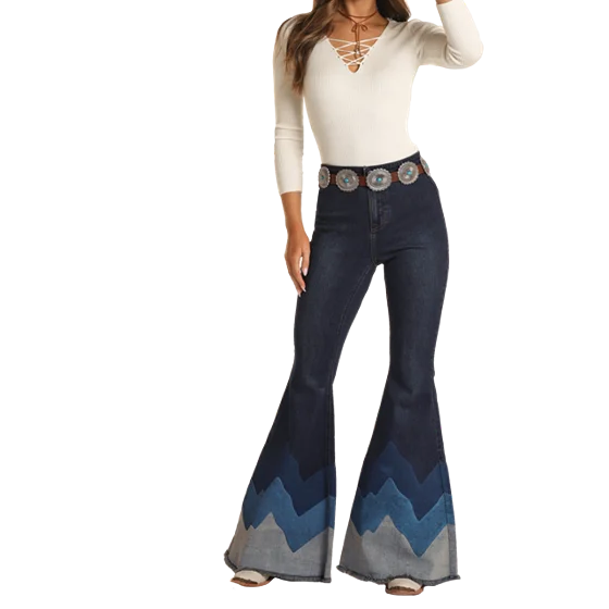 Blue Wave Button Bell  Bottom Jeans Rock & Roll Denim Stylish High-Rise Mom Jeans