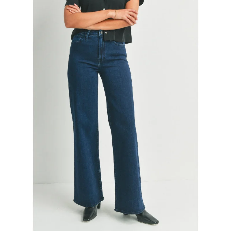 High Rise Dark Wash Palazzo Jeans Trendy Pleated Waist Jeans