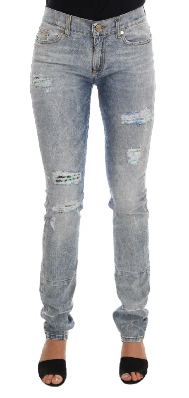 Chic Light Blue Torn Slim Fit Jeans Casual Distressed Denim Jeans