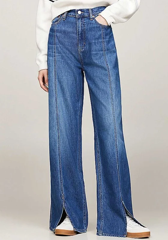 Tommy Jeans Claire Wide Leg Split Seam Jeans, Medium Blue Elegant Tapered Leg Denim