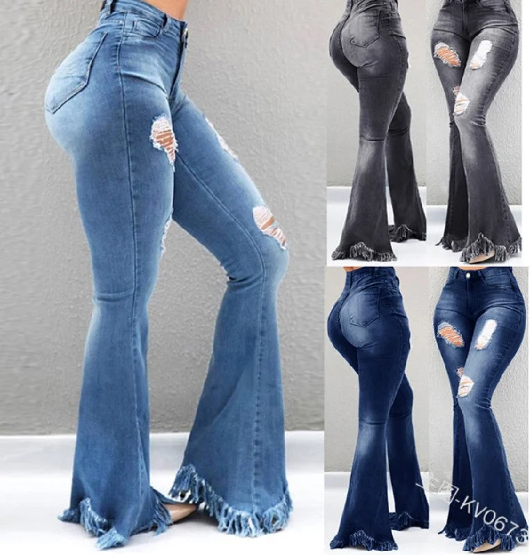 Cool Fashion Personality, Worn-Out Holes, White High-Waisted Jeans, Thin, Fringed Fringe Weird Denim Jeans For Ladies Trendy Skinny Fit Jeans