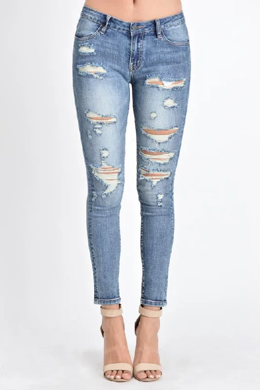 Cropped Distressed Skinny Fit Jeans Comfortable Stretch Denim Jeans