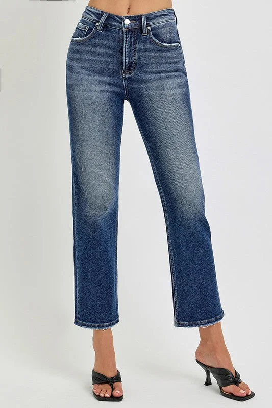 Destiny High Rise Crop Straight Leg Jeans Dark Wash Comfortable Flare Leg Jeans