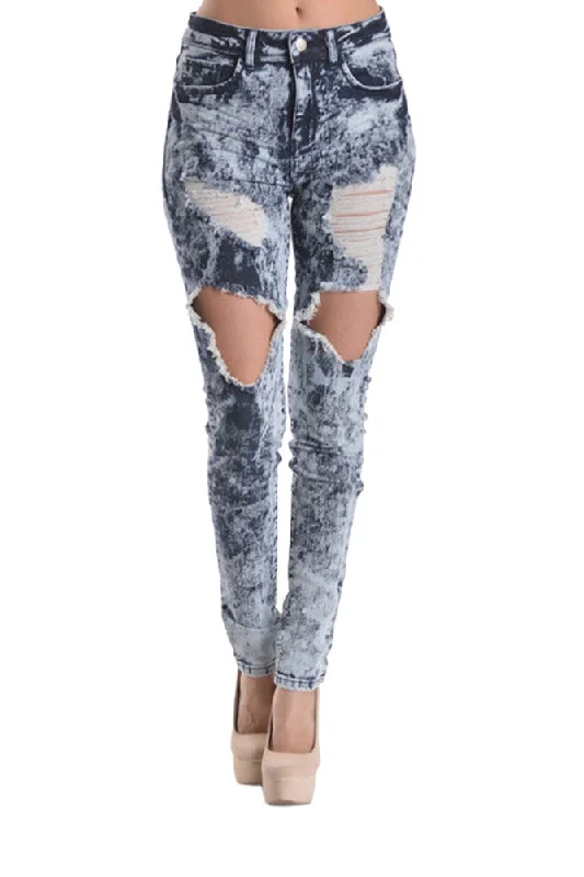 Destroyed Acid Wash Skinny Jeans Comfortable Stretch Denim Jeans