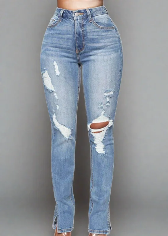 Chic Distressed High Waist Jeans Fashionable Relaxed Fit Denim