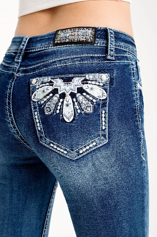 Feathers Mid Rise Bootcut Embellished Jeans Trendy Low-Rise Slim Jeans