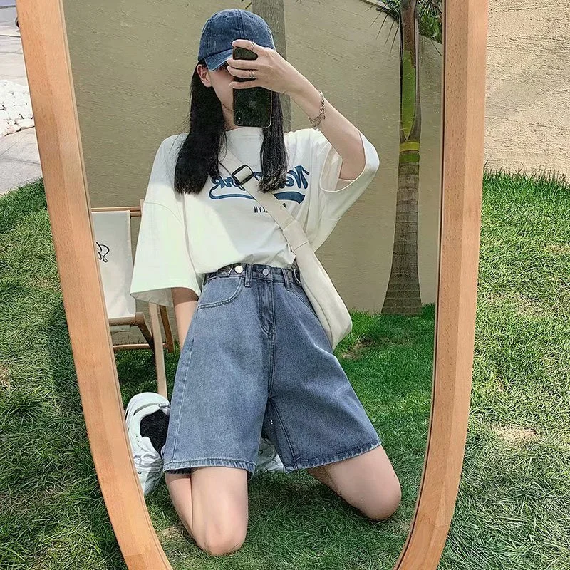 Feynzz Fashion Summer Half Women Denim Shorts High Waist Belted Loose Female Short Jeans  Streetwear Trendy Wide-Legged High-Waist Jeans